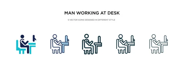 Hombre trabajando en el icono de escritorio en la ilustración de vectores de estilo diferente . — Vector de stock