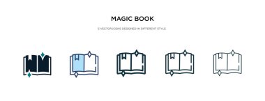 Farklı stil vektör çizimlerinde sihirli kitap simgesi. iki colo