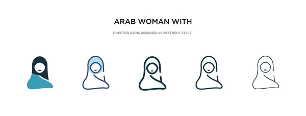 Mujer árabe con icono de hijab en ilustración vectorial de estilo diferente — Vector de stock