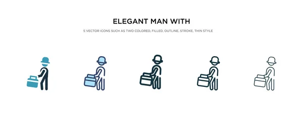Hombre elegante con icono de la maleta en el vector de estilo diferente illustr — Vector de stock