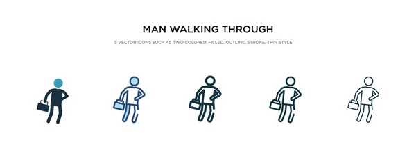Hombre caminando a través del icono del viento en el estilo diferente illu vector — Vector de stock