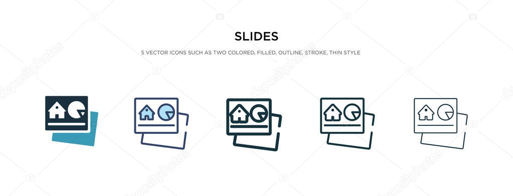 Slides icon in different style vector illustration. two colored and black slides vector icons designed in filled, outline, line and stroke style can be used for web, mobile, ui