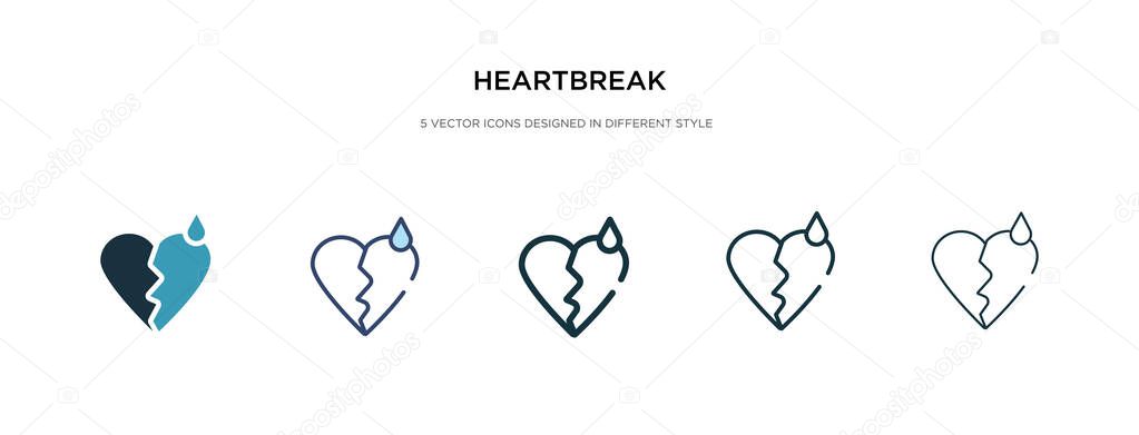 Heartbreak icon in different style vector illustration. two colored and black heartbreak vector icons designed in filled, outline, line and stroke style can be used for web, mobile, ui