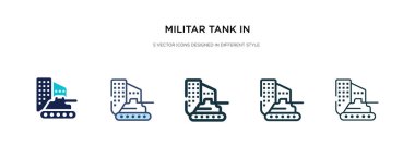 Şehir sokaklarındaki militar tankı farklı stil vektör illus