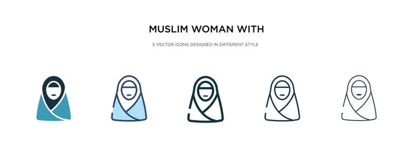 Mujer musulmana con icono de hijab en el vector de estilo diferente illustrat — Vector de stock