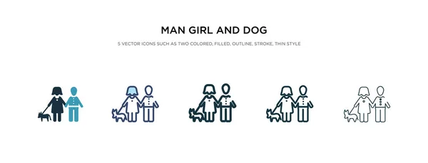 Hombre chica y perro icono en la ilustración de vectores de estilo diferente. tw — Vector de stock