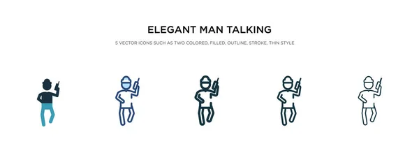 Hombre elegante hablando a través del icono del teléfono en el vector de estilo diferente — Vector de stock