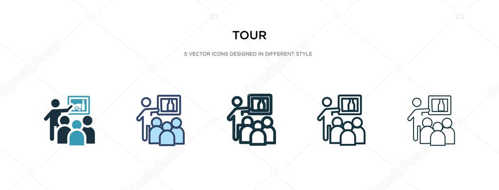tour icon in different style vector illustration. two colored an