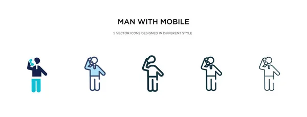 Hombre con icono de teléfono móvil en ilustración de vectores de estilo diferente — Vector de stock