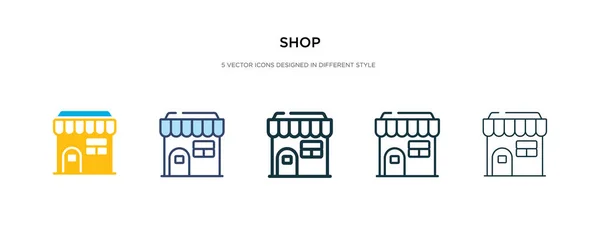Icono de la tienda en la ilustración de vectores de estilo diferente. dos de color un — Vector de stock