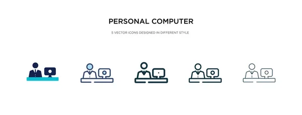 Computadora personal y trabajador icono en el estilo diferente illu vector — Vector de stock