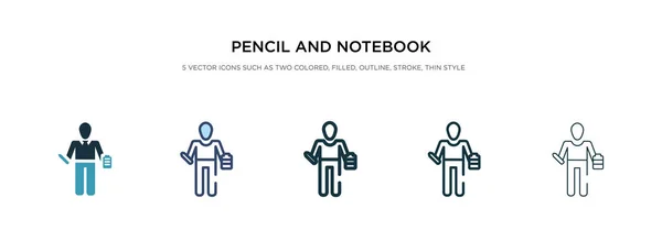 Lápiz y el icono del cuaderno en la ilustración de vectores de diferentes estilos . — Vector de stock