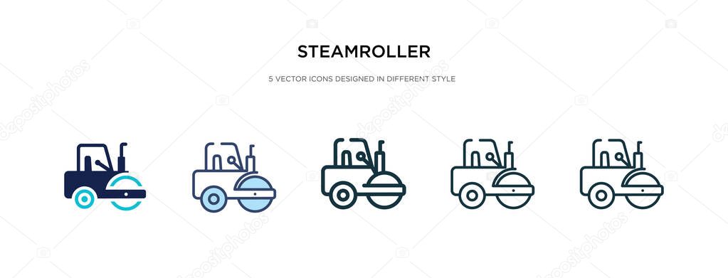 Steamroller icon in different style vector illustration. two colored and black steamroller vector icons designed in filled, outline, line and stroke style can be used for web, mobile, ui
