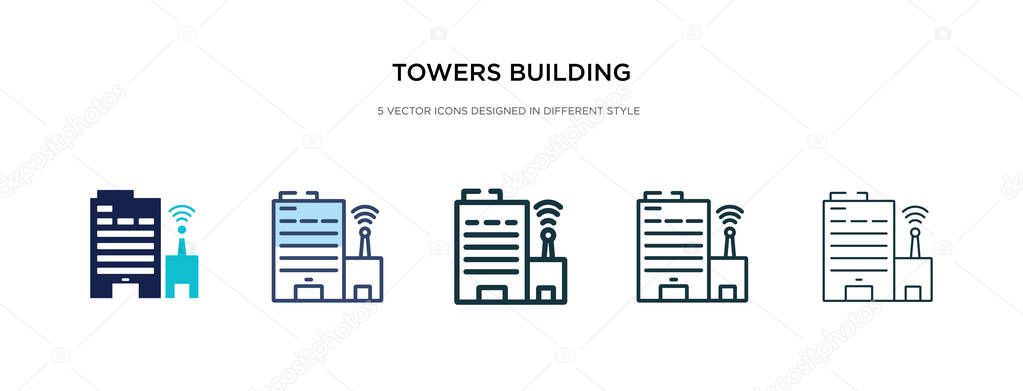 Towers building transmission icon in different style vector illustration. two colored and black towers building transmission vector icons designed in filled, outline, line and stroke style can be