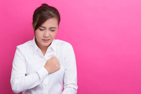 Woman has chest pain — Stock Photo, Image