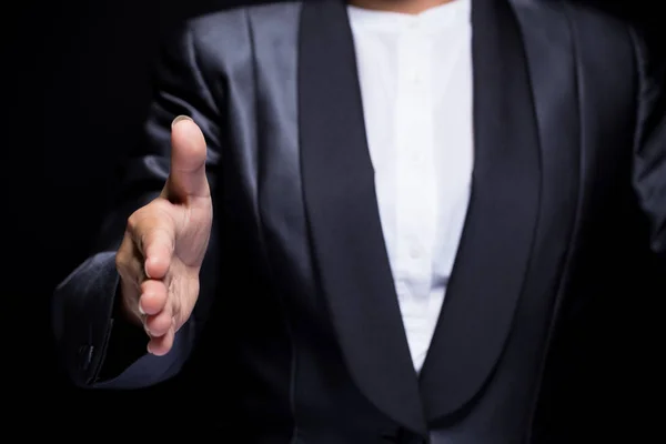 Businesswoman open her hand Isolated on background — Stock Photo, Image