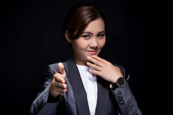 Businesswoman open her hand Isolated on background — Stock Photo, Image