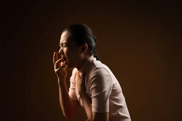 Asian Woman Sick Sore Throat Coughing Sneezing Standing Isolated Beige — Stock Photo, Image