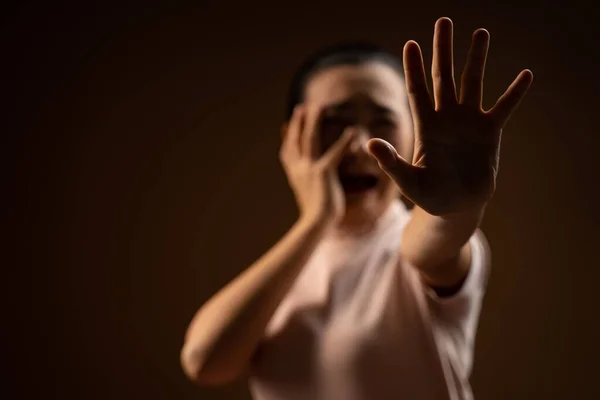 Asian Woman Scared Screaming Covering Face Her Hands Standing Isolated — Stock Photo, Image