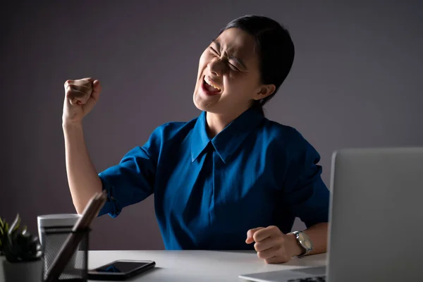 Mavi Gömlekli Asyalı Kadın Ofiste Dizüstü Bilgisayarla Çalışırken Çok Iyi — Stok fotoğraf