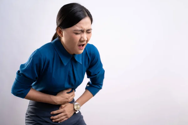 Porträt Der Asiatischen Frau War Krank Mit Bauchschmerzen Die Hände — Stockfoto