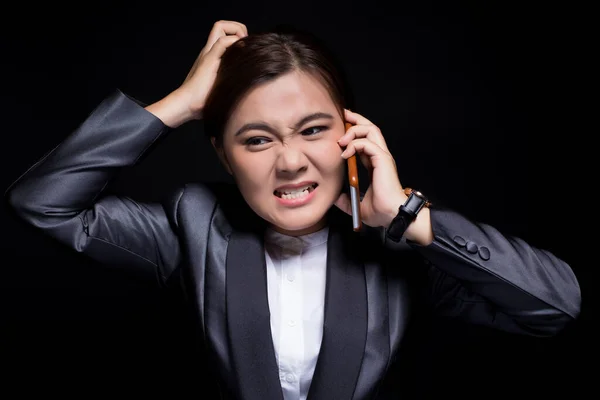 Mujer Llamando Teléfono Inteligente Siente Enojada —  Fotos de Stock