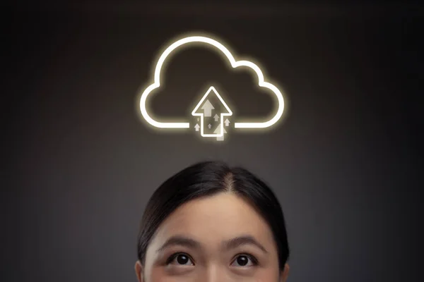 Happy Asian woman and cloud icon hologram effect. Isolated on background.