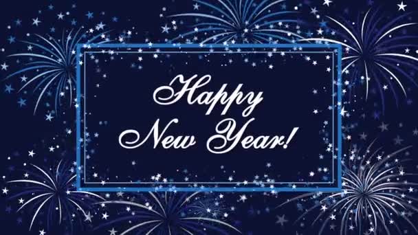 Frohes neues Jahr mit einem Feuerwerk auf dunkelblauem Hintergrund — Stockvideo