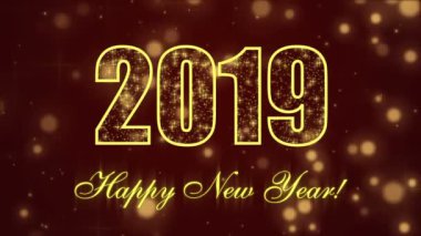 Mutlu yeni yıl 2019 koyu kırmızı zemin üzerine parlayan parçacıkları ile