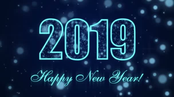 Feliz Año Nuevo 2019 con partículas brillantes sobre el fondo azul oscuro — Vídeo de stock