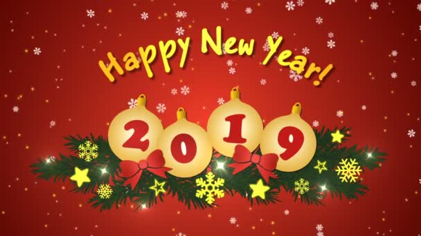 Feliz Año Nuevo 2019 con la caída de copos de nieve y bolas de árboles de Navidad — Vídeo de stock
