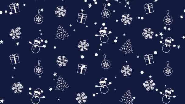 Patroon van de achtergrond van de kerst met kerstballen, kerstbomen, sneeuwpoppen en sneeuwvlokken — Stockvideo
