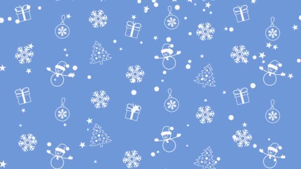 Рождественский фон с елками, снеговиками, снежинками и рождественскими шарами — стоковое видео