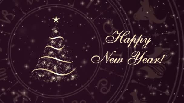 Frohes neues Jahr mit Weihnachtsbaum und Horoskoprad, Tierkreis — Stockvideo