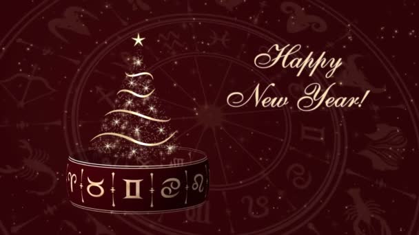 Feliz Año Nuevo con árbol de Navidad y rueda de horóscopo, círculo del zodíaco — Vídeo de stock