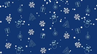 Noel arka plan deseni Noel ağaçları, kardan adam, kar taneleri ve Noel topları ile