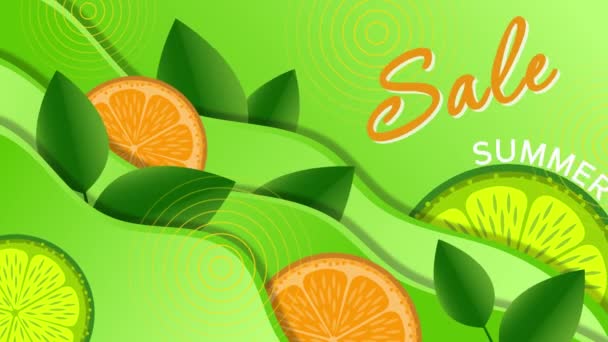 Letní prodej, plochá animace s citróny a listy na zeleném pozadí — Stock video