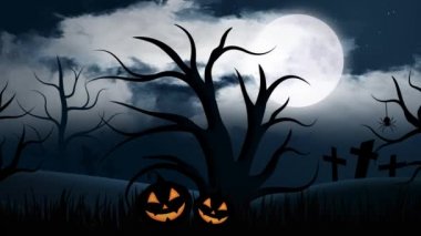 Cadılar Bayramı arka planı. Ağaçlarla, balkabaklarıyla, yarasalarla ve örümceklerle ay ve bulutların arka planında yassı animasyon