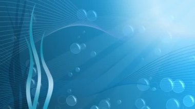 Sualtı geçmişi. Düz animasyon 4K mavi su, kabarcıklar, güneş ışığı ve deniz yosunları. Hareket grafikleri