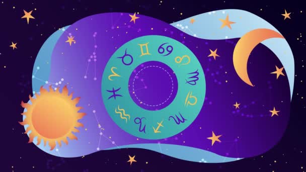 Astrologie de fond. Animation plate 4K avec roue Horoscope, signes du zodiaque, soleil, lune et étoiles. Graphiques de mouvement. — Video