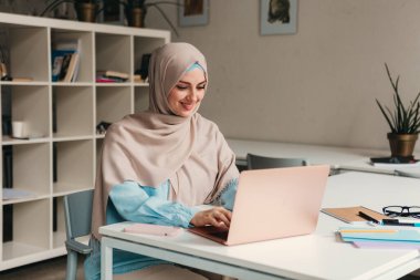 Genç, modern, tesettürlü Müslüman bir kadın ofis odasında dizüstü bilgisayarla çalışıyor, internetten eğitim görüyor, uzaktan kumandalı çalışıyor, daktilo düşünüyor.