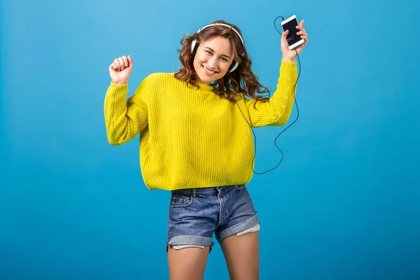 Attractive Smiling Happy Woman Dancing Listening Music Headphones Hipster Stylish — Stock Photo, Image