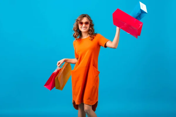 Aantrekkelijk Gelukkig Emotioneel Glimlachen Stijlvol Vrouw Shopaholic Oranje Trendy Oversize — Stockfoto