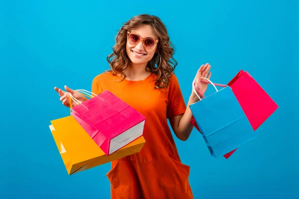 Attraktiv Glücklich Emotional Lächelnd Stilvolle Frau Shopaholic Orange Trendy Oversize — Stockfoto