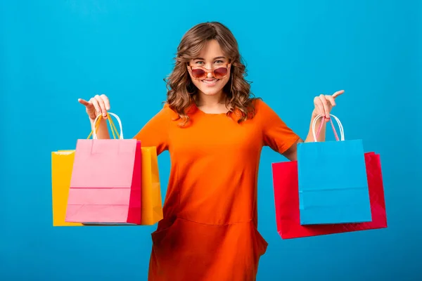 Aantrekkelijk Gelukkig Emotioneel Glimlachen Stijlvol Vrouw Shopaholic Oranje Trendy Oversize — Stockfoto