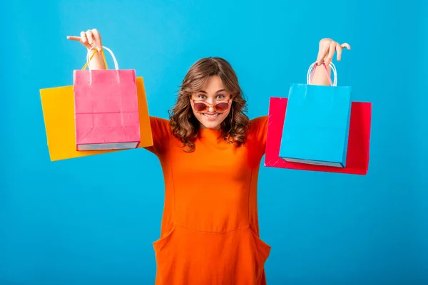 Aantrekkelijk Gelukkig Emotioneel Glimlachen Stijlvol Vrouw Shopaholic Oranje Trendy Oversize — Stockfoto