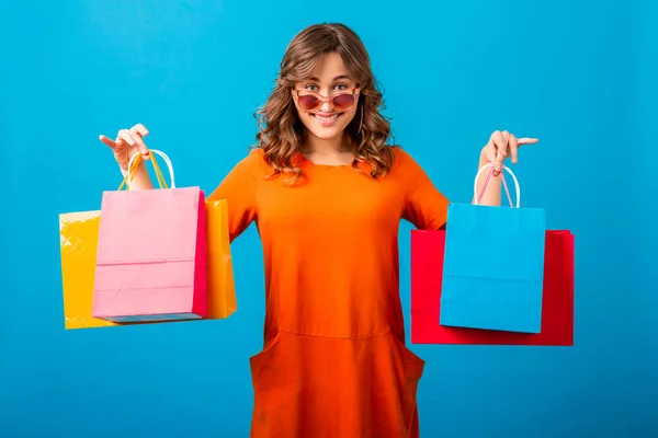 Aantrekkelijk Gelukkig Emotioneel Glimlachen Stijlvol Vrouw Shopaholic Oranje Trendy Oversize — Stockfoto