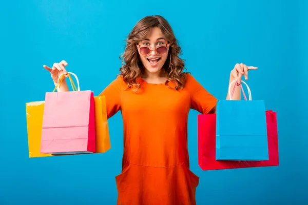 Portret Van Opgewonden Aantrekkelijke Glimlachende Stijlvolle Vrouw Shopaholic Oranje Trendy — Stockfoto