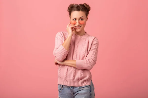 Junge Ziemlich Stilvolle Lächelnde Denken Flirty Blick Beiseite Frau Rosa — Stockfoto