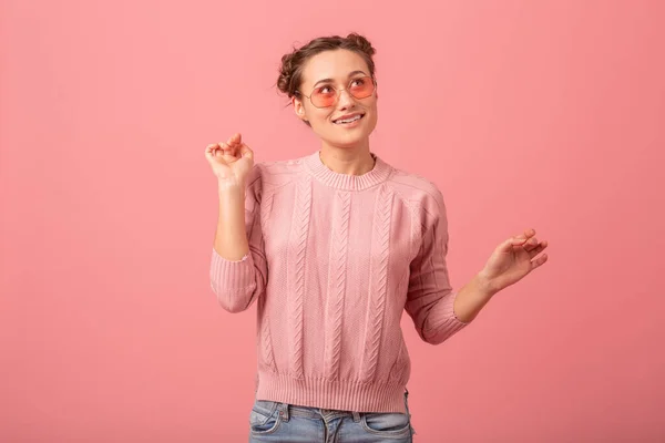 Jovem Muito Sorridente Romântico Sonhando Mulher Olhando Para Cima Suéter — Fotografia de Stock